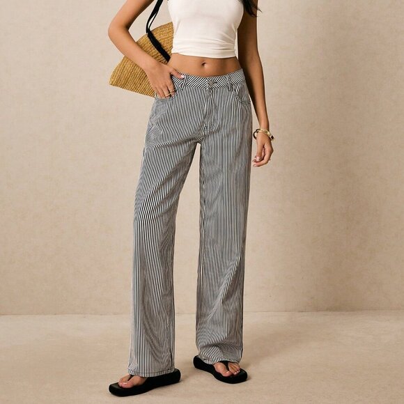 Dark Wash Casual Women's Striped Denim Jeans - Picture 2 of 6